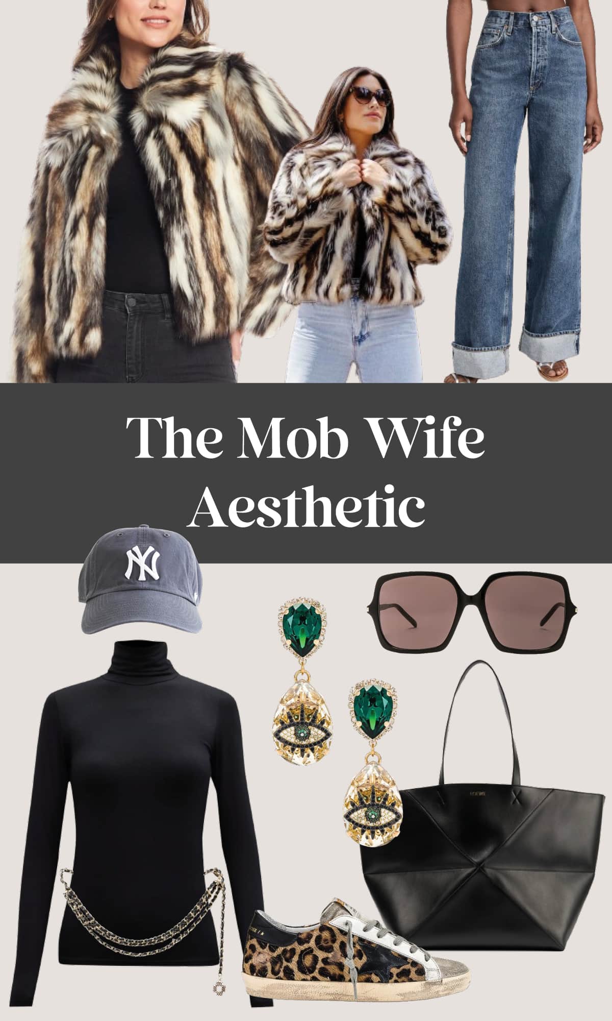 Mob Wife Aesthetic casual weekend look with a faux fur jacket and oversized sunglasses