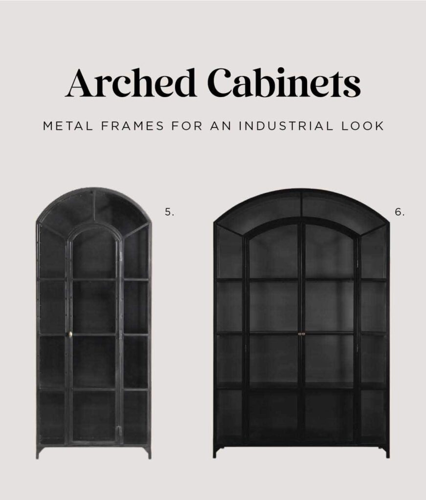 Black metal framed arched cabinets