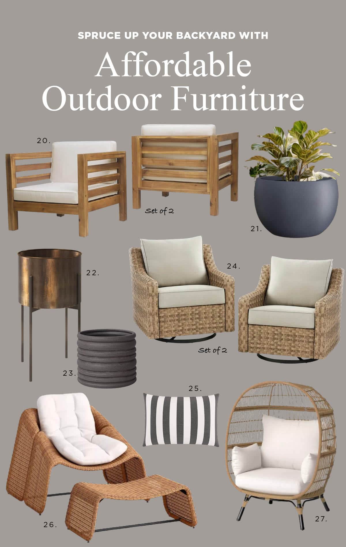Find comfortable and affordable outdoor rocking chairs that swivel and glide, the outdoor egg chair I own and love, throw pillows, and planters, fire pits, and more.