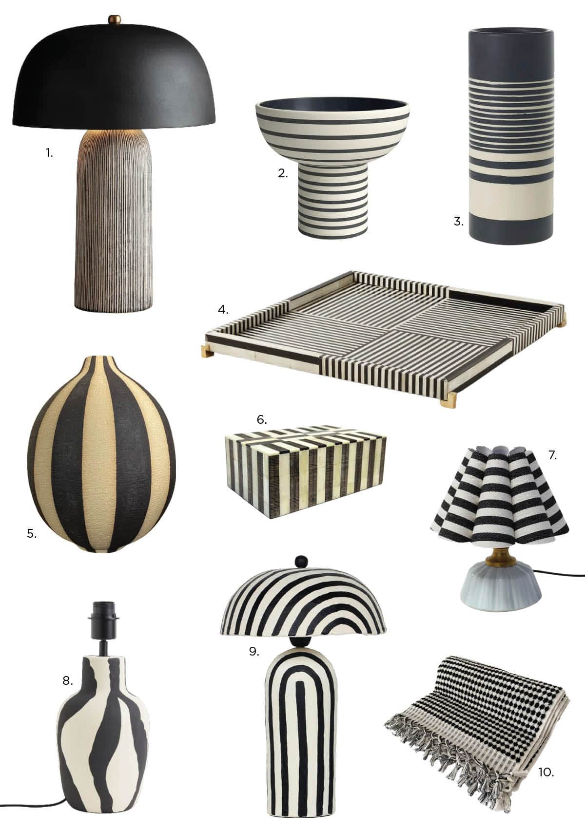 Black and white striped decor - lamps, vases, and tray