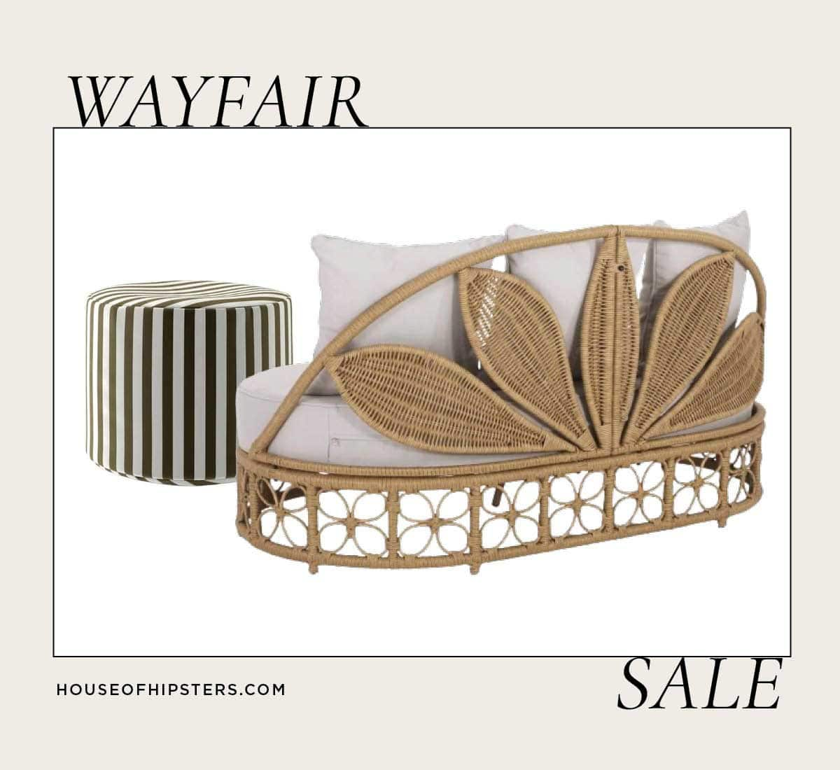 Wayfair sale outdoor patio furniture deals on boho decor like this rattan daybed with leaf detail