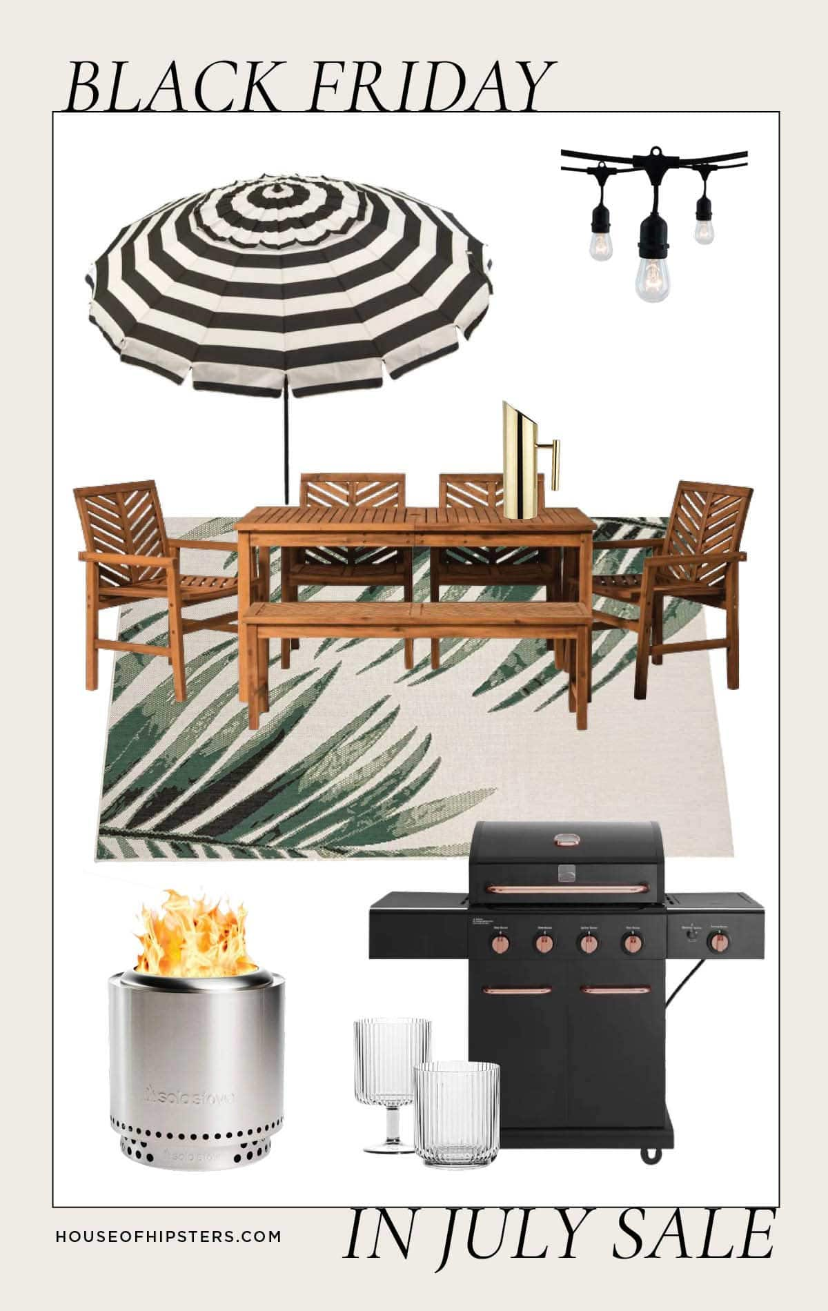 Top Wayfair sale picks for outdoor patio furniture - fully designed dining set with outdoor rug and modern grill in entertaining area