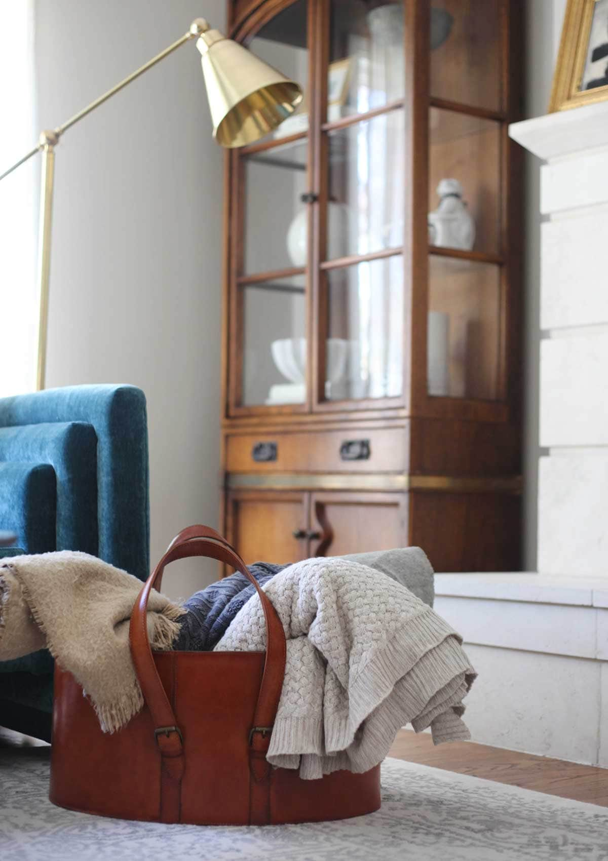 leather storage basket in living room