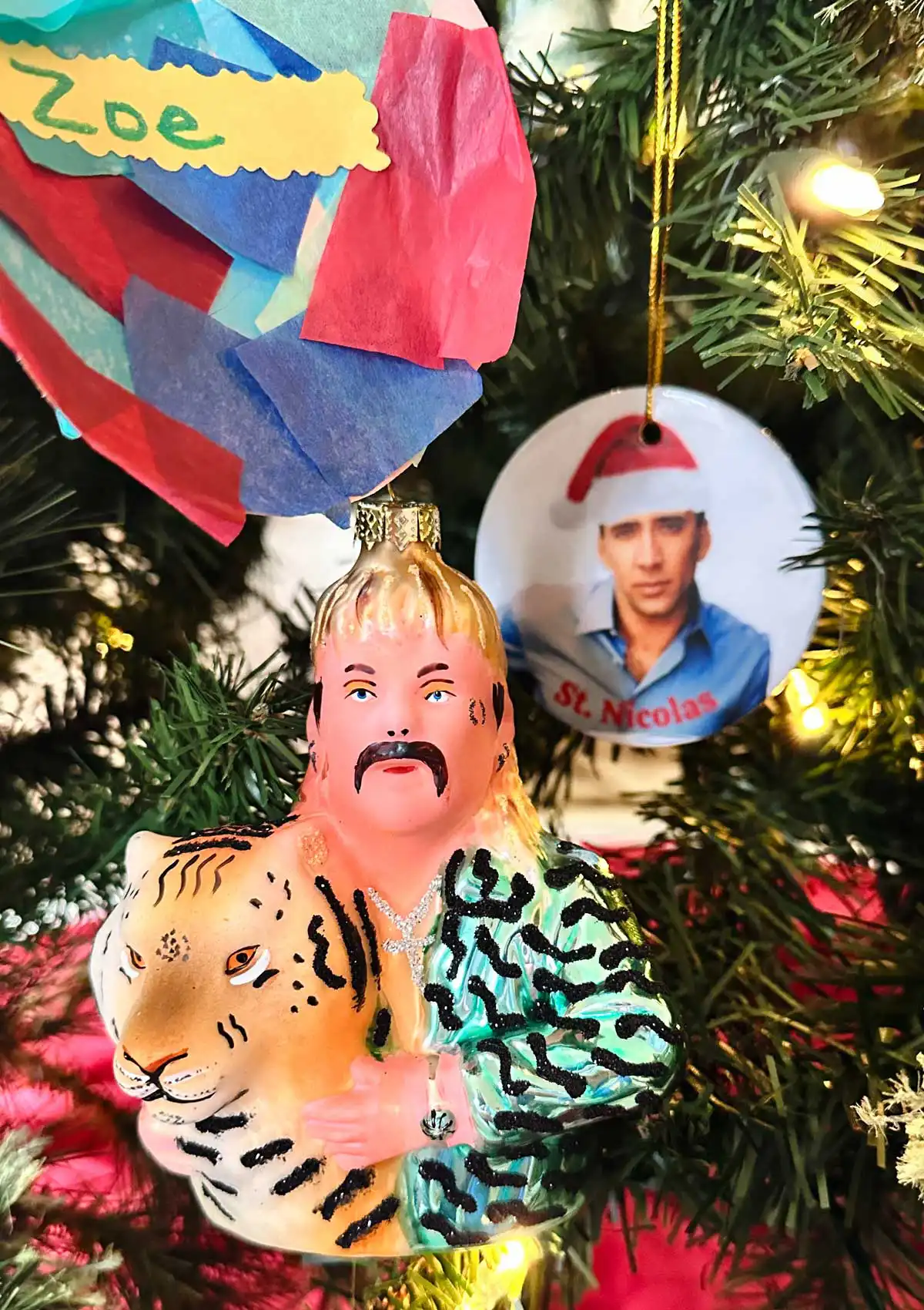 Tacky Christmas tree ornaments - Tiger King and Nicolas Cage